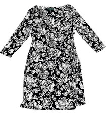 Lauren Ralph Lauren Ruched Sheath Dress Black White Floral Print Womens 6