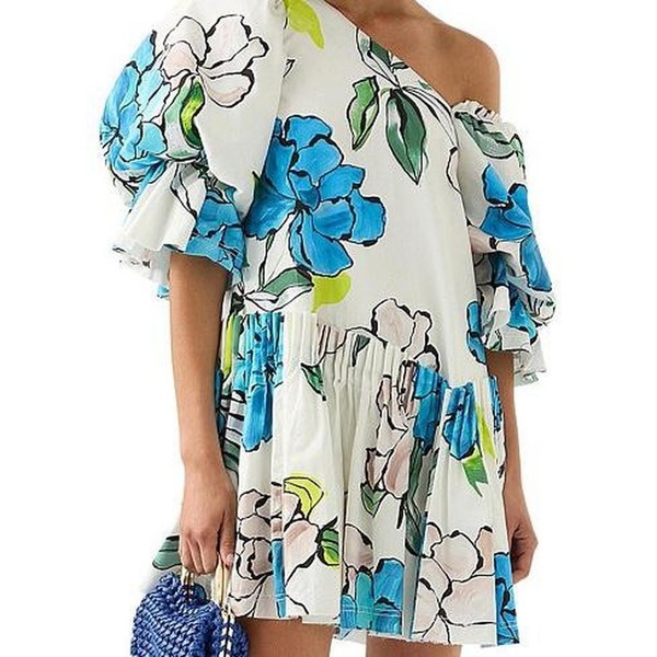 AJE Dress Size XL 14 OFF SHOULDER SMOCK Mini Asymmetric Blue Floral