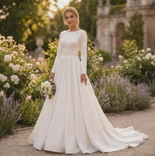 White Bateau Neck Bridal Gown Long Sleeve Satin A Line Appliques Wedding Dress