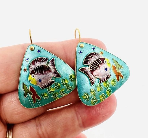 Chinese Export Sterling Silver Vermeil Enamel Fish Earrings Vintage Jewelry