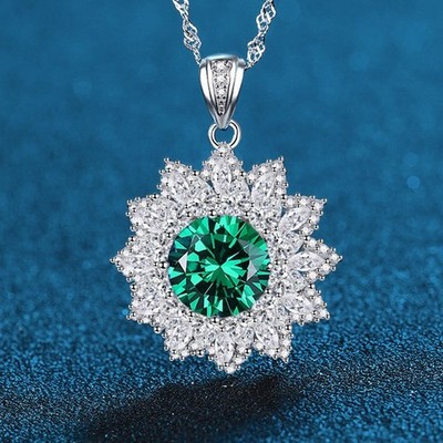 Certified 5ct Lab Grown Emerald Diamond Pendant Necklace 18K Gold Vermeil Flower