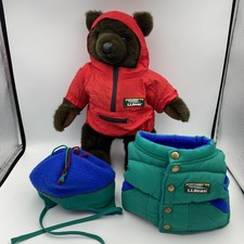 LL Bean Bear Teddy Adventure Windbreaker Puffy Vest Hat Red Blue VTG Plush L L