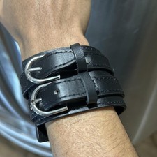 Gothic Vintage Black faux leather double buckle cuff bracelet Adjustable