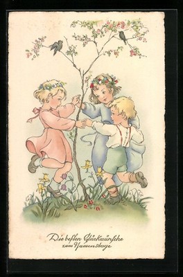 Happy Name Day, Kids Dancing Around a Tree, Postcard 