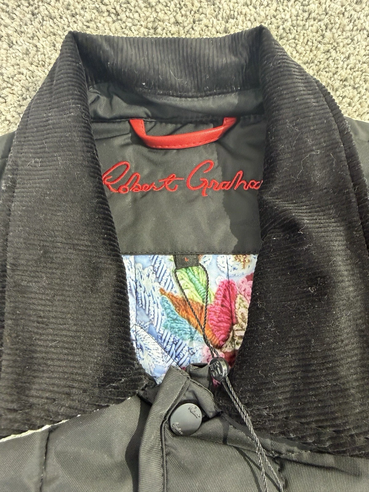 NWT Robert Graham Men’s Quilted Jacket Puffer Shirt Large Black Print Lining image 3