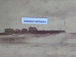 1870s SV of Hotels from BEACH at HAMPTON BEACH NH by W.N. Hobbs w Breaking Waves
