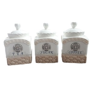 French Country Kitchen Canisters Tea Coffee Sugar Tan Bottom With