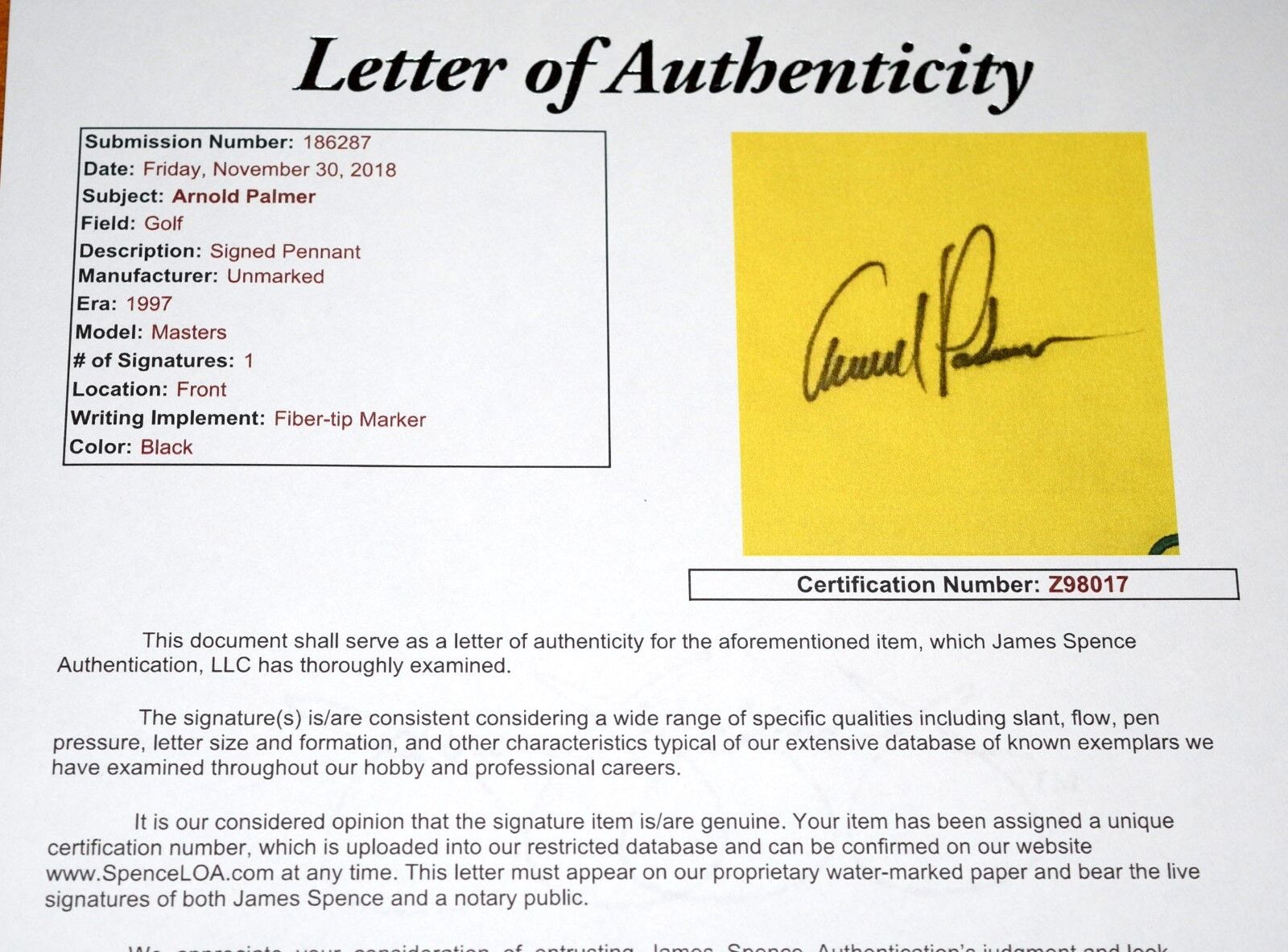 Arnold Palmer Autographed Signed 1997 Masters Flag - JSA Loa - Embroidered Image a