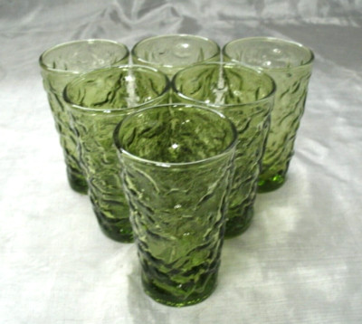 Vtg Anchor Hocking MILANO GREEN Lido Set of 6~3-7/8'' 5oz Juice Tumblers USA ec
