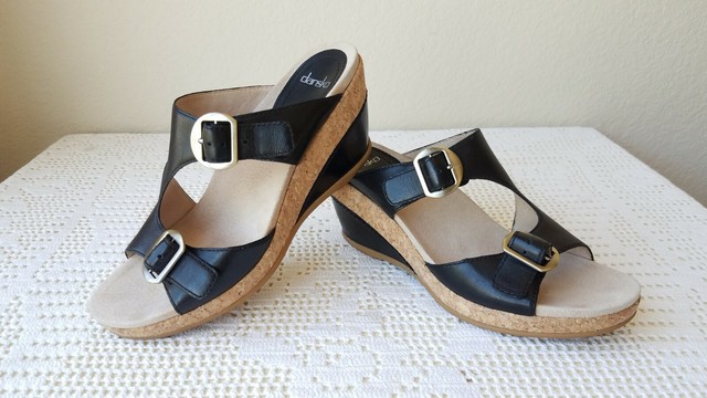 Dansko Carla Wedge Slip On Sandals Cork Black Leather Size EU 39 US 8.5 - 9 | eBay