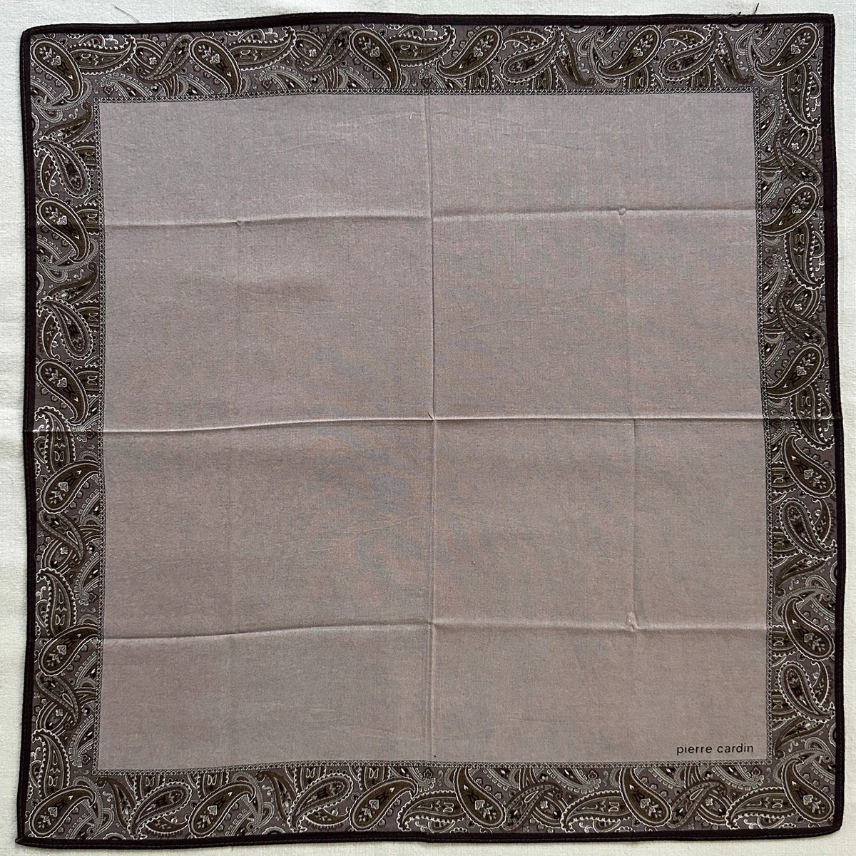 VTG Handkerchief Plain Brown Cotton Paisley Flourish Border Pocket Square 17"~B
