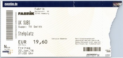 UK Subs + TV Smith Ticket 2016 Tour - Hamburg Fabrik - Konzert Karte