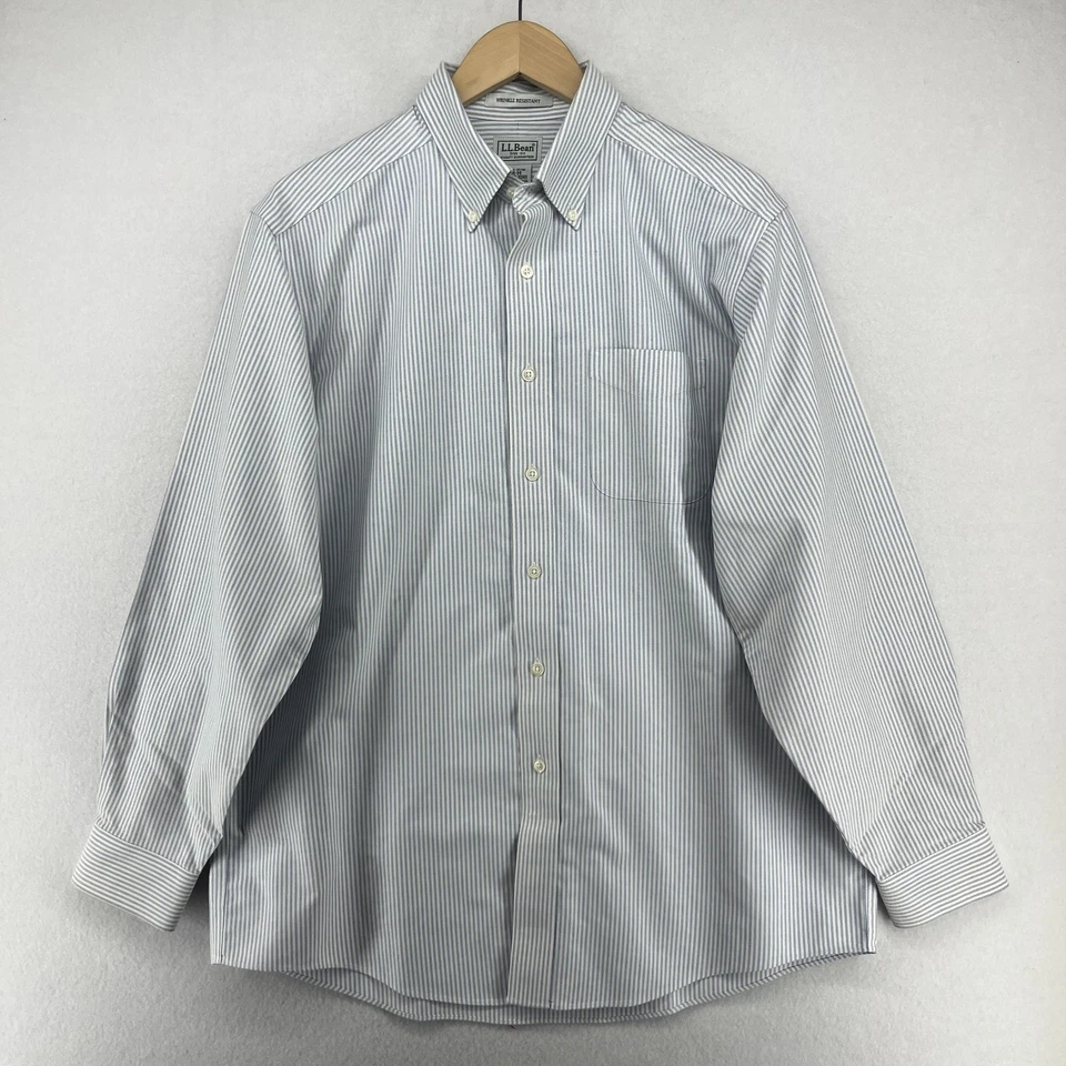 LL BEAN Shirt Mens 16-34 Striped Wrinkle Resistant Cotton Oxfor Button Down Blue - Image 2 of 4
