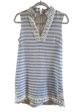 Eliza J Linen Blend White Blue Striped Shift Dress Size 6 White Eyelet Trim