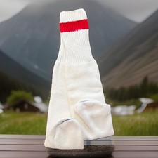 VTG Tube Socks 16 White Red 80's USA Acrylic Blend Striped Blue Toe 80's