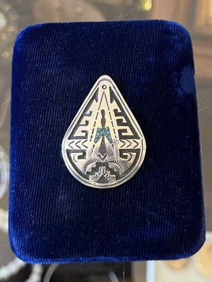 Vintage Navajo Signed J.W. TOM Sterling Silver Coral & Turquoise Inlay Pendant