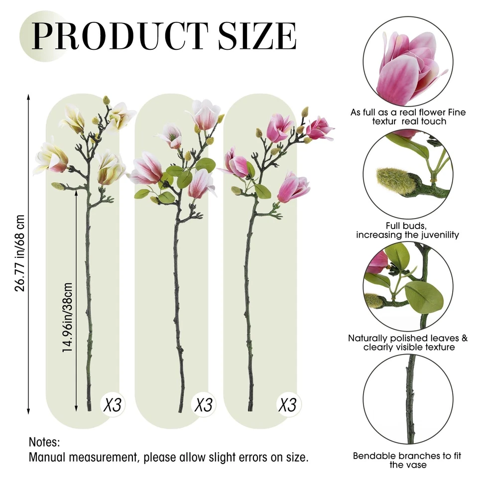 Pack de 9 ramas de flores artificiales de magnolia (jarrón no incluido), mitad elegante... Foto 2 de 4