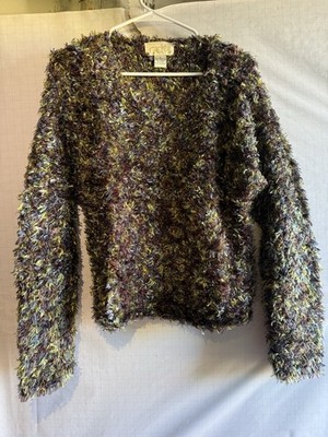 Cache Semi-Crop Sweater RARE Multi-Color Fuzzy Crochet Pullover Size M