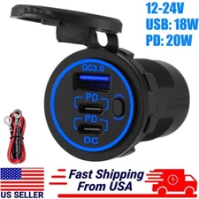 3 Port Super Fast Car Charger QC 3.0 & PD USB C Outlet Socket for Boat RV Marine