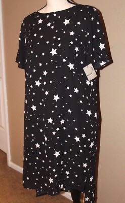 BELLE SKY NWT Black White Stars High Low Shift Asymmetrical Hem Sheer Dress L