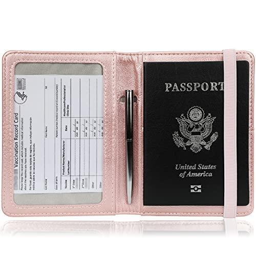 Leather Passport Holder Cover Case RFID Blocking Travel Wallet Rose