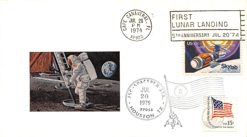 APOLLO 11 LANDING 5th & 10th ANNIV.  7/20/74/79 10c SKYLAB & FLAG  SC#1529/1618C