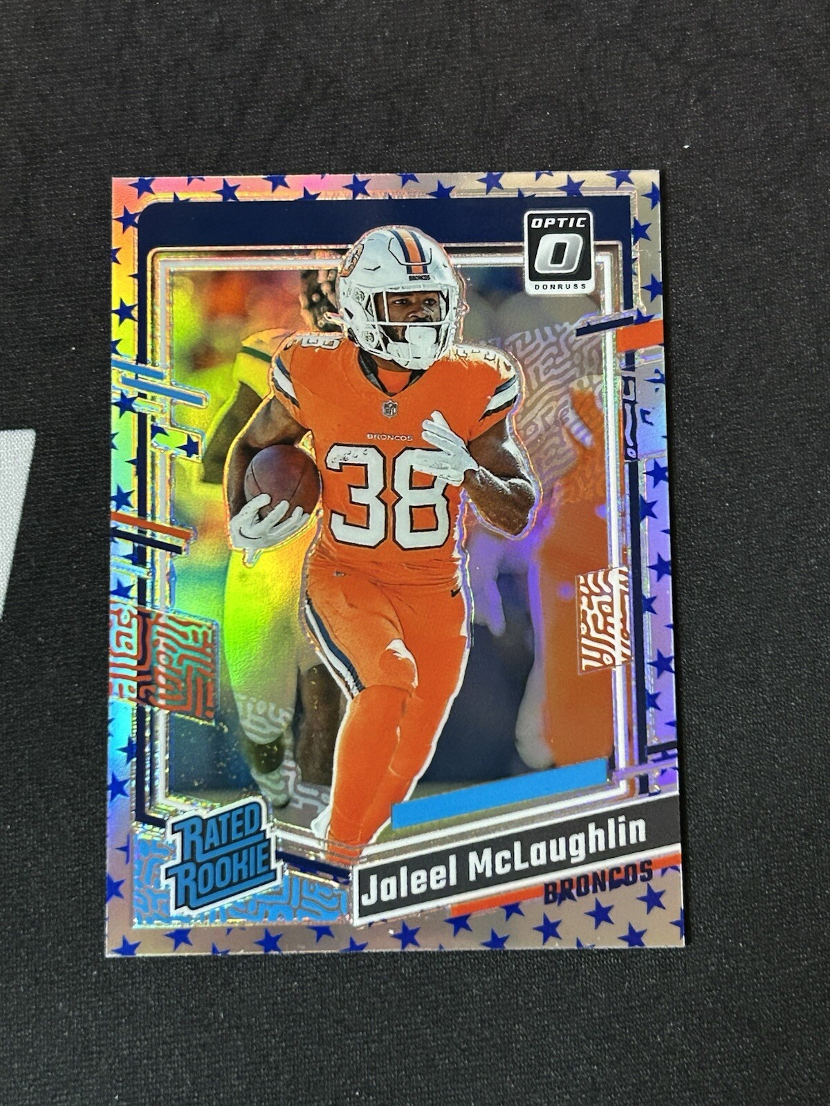 2023 Panini Donruss Optic Jaleel McLaughlin Blue Stars Holo #232 Broncos (RC)
