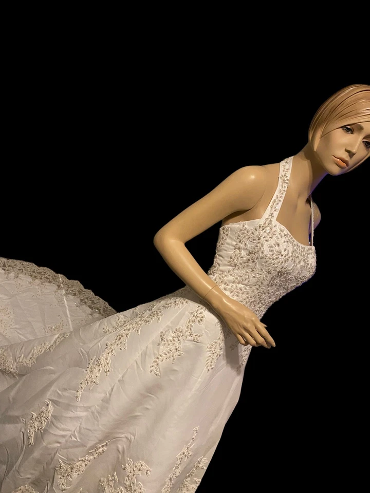 Vestido de novia David Michaelangelo blanco halter línea A vestido de encaje con cuentas 4 nuevo con etiquetas Foto 2 de 4