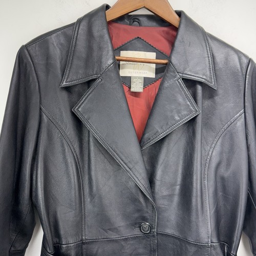 Studio Works size Large Women’s Black Leather Belted Single Button Jacket - Picture 2 of 11