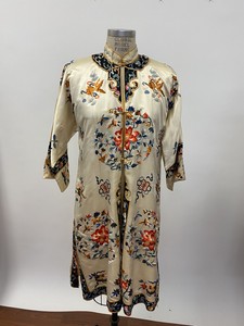 Antique Asian Chinese Silk Embroidered Robe Jacket Textile white flowers As is
