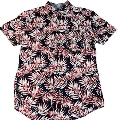 Tommy Hilfiger Shirt Mens Large Red White Blue Tropical Palm Leaf Button Down