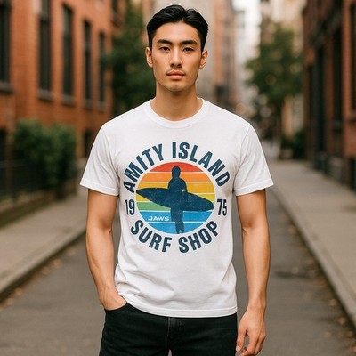 Jaws Mens Unisex Tee Size Small Amity Island Surf Shop White T-Shirt 1975 Movie