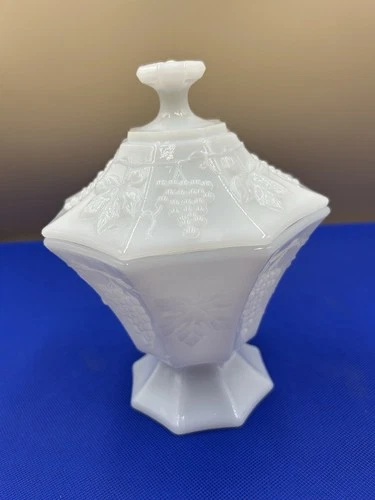 Vintage Anchor Hocking White Milk Glass Candy Dish W/Lid Pedestal Octagon Shape