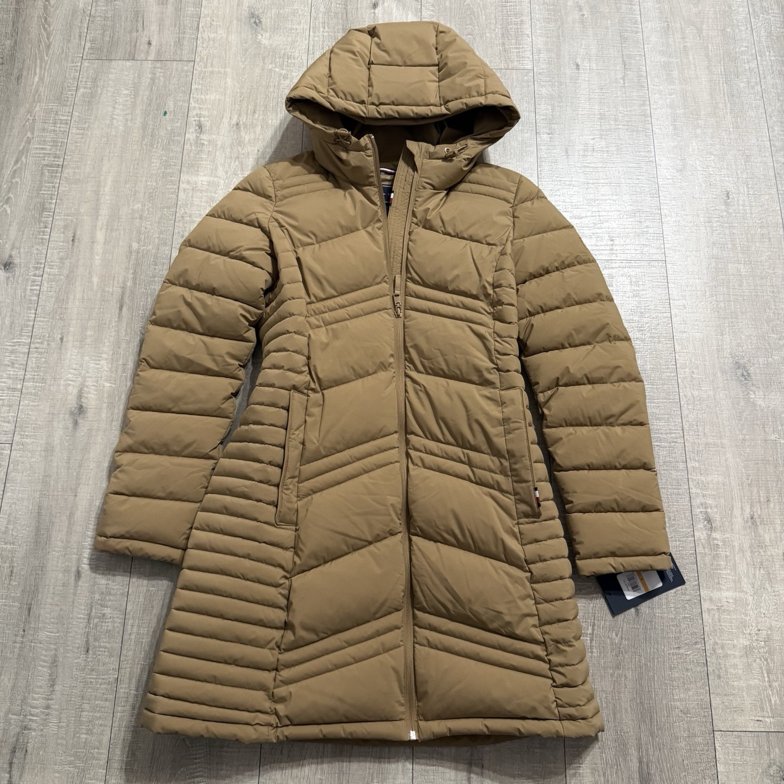 Rare Tommy Hilfiger  Long Puffer Tan Jacket Full Zip Coat Women’s Small NWT image 2