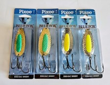 (4) Blue Fox Pixee Spoons (Size 4) 7/8 oz Colors Are Flo Green & Flo Yellow New 