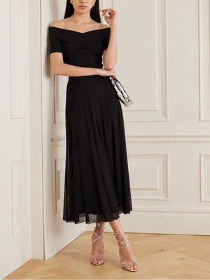Sandro Sallie Drape Knit Off-The-Shoulder Pleated stretch Maxi Dress Black M 38