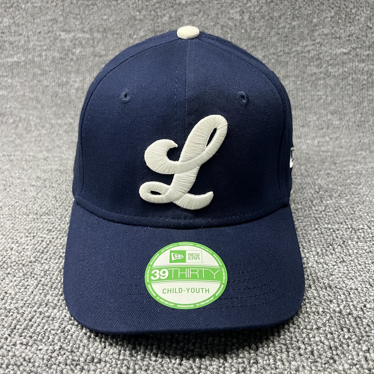New Era 39THIRTY Youth Navy Blue Hat Cream Script L Embroidery Stretch Fit Cap