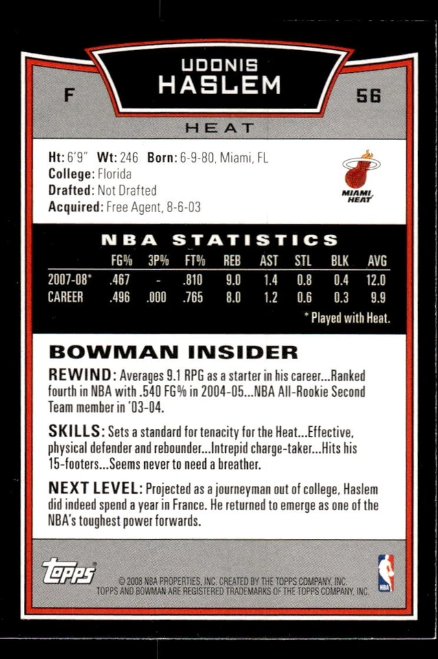 2008 Bowman #56 Udonis Haslem Near Mint - Image 2 of 2