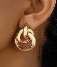 Chunky Gold Triple Hoop Stud Earrings