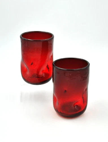 Pair of Vintage Blenko Crackle Glass Tumblers - Design #418S - Tangerine