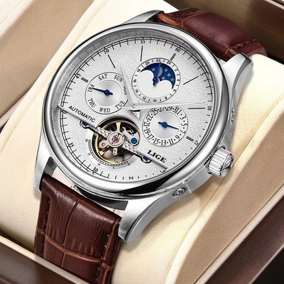 LIGE Automatic Men Watch Tourbillon 43MM Leather Waterproof Analog Luminous NEW