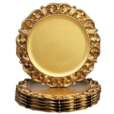 13 Antique Gold Charger Plates, Set of 6 Plastic Textured Chargers for Dinner