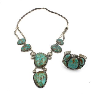 Southwest Sterling Turquoise Bench Bead Necklace Cuff Bracelet Set of 2 #S4400 5