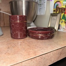 Vintage Bath Vanity Burgundy Ceramic Marble Look Toothbrush Holder  Soap Dish