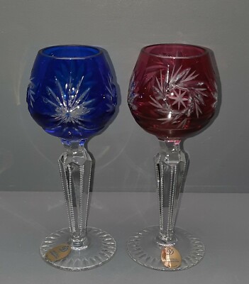 2 Likörkelche - Dresden Crystal - Handgeschliffen - Blau + Rot