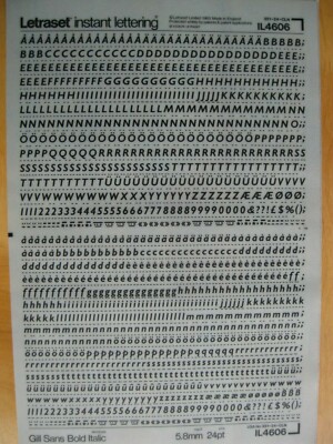 0,1 x Letraset Upp & Low Case/Num GILL SANS BOLD ITALIC 24pt 5,8mm Sheet IL4606`