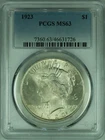 1923 Peace Silver Dollar S$1 Coin  PCGS MS-63   (37A)