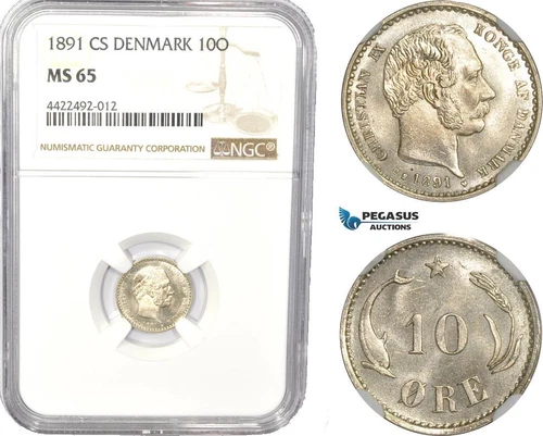 AC802, Denmark, Christian IX, 10 Øre 1891, Copenhagen, Silver, NGC MS65