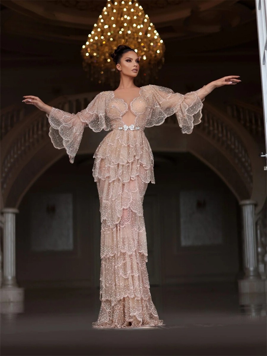 fitted lace wedding dress Luxury One Shoulder Sheer Overlay Beaded Formal Evening Dress & Embell –  Temperanent