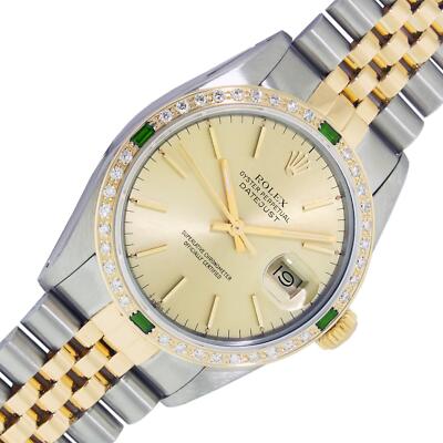 Rolex Mens Datejust Steel - 18K Gold Champagne Dial Diamond Emerald Bezel Watch